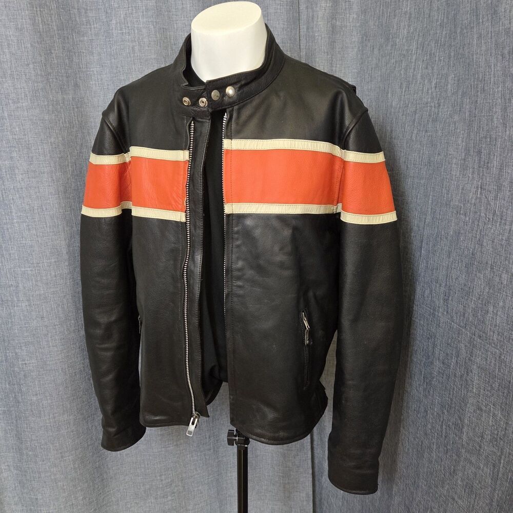 VTG Leather Motocross Jacket Men's 46 (SEE MEAS) Tough Zipout Lining Blk/Orange